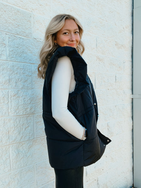 Ruffled Chic Puffer Vest  - BLACK