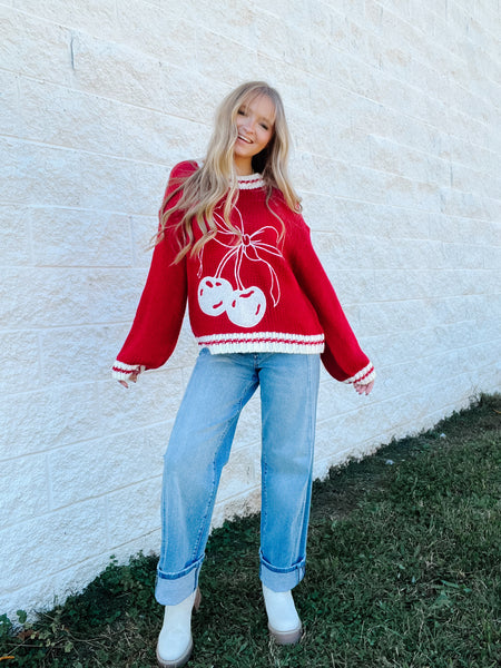 Cherry Bow Varsity Knit Sweater