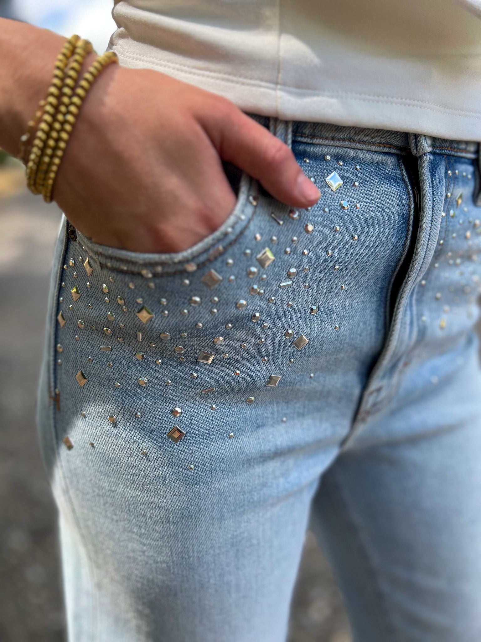 Hidden - Logan Light Wash Studded Hotfix Dad Jean