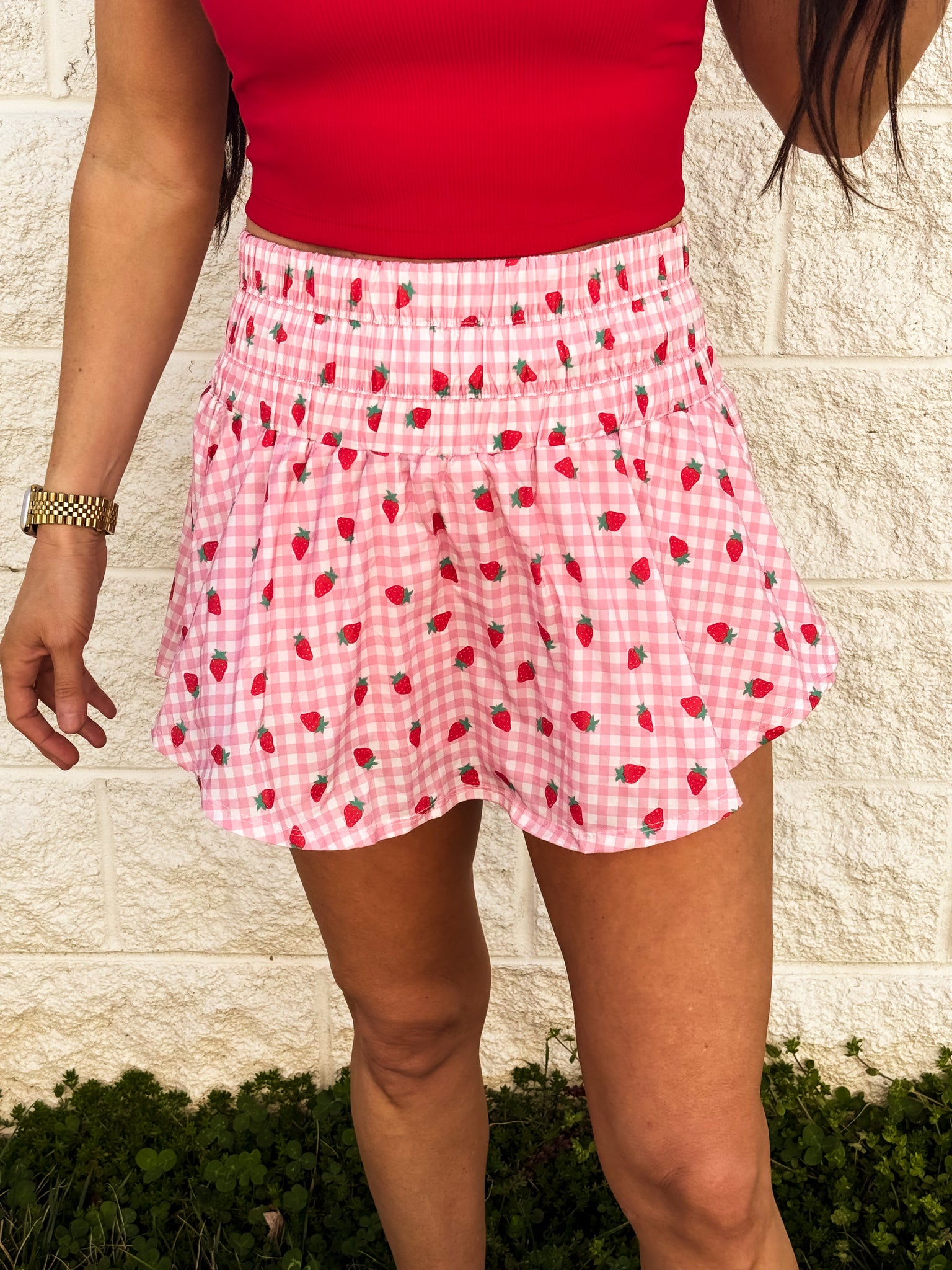 Summer Strawberry Gingham Skort