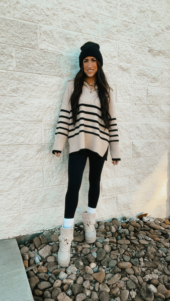 Coastal Cream and Black Stripe Quarter Zip Up Sweater