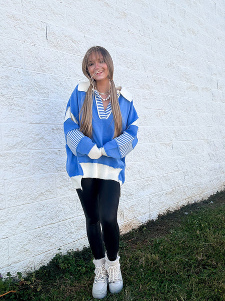 Posh Preppy Sweater - Blue/Ivory