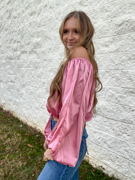 Lovers Lane Off The Shoulder Satin Blouse - Pink