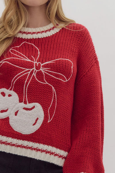 Cherry Bow Varsity Knit Sweater