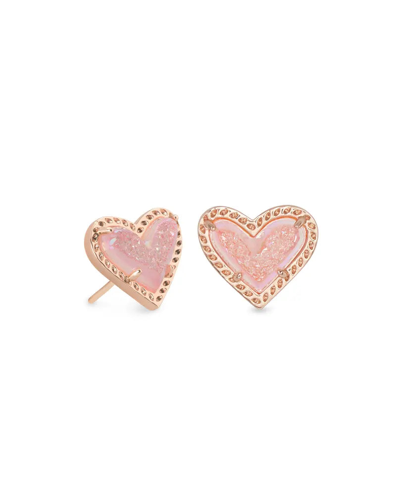 Kendra Scott - Ari Heart Rose Gold Stud Earrings - LIGHT PINK DRUSY