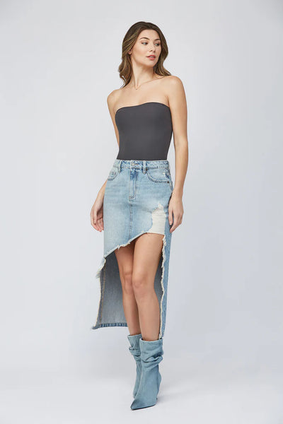 Hidden - Peyton Light Wash Heavy Distressed Midi Skirt