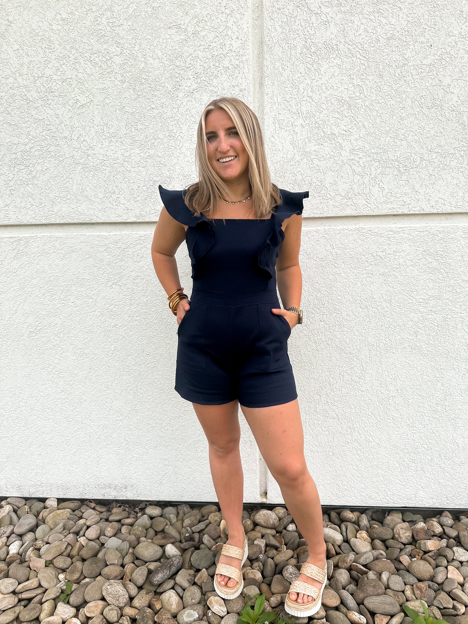 Navy Ruffle Denim Romper