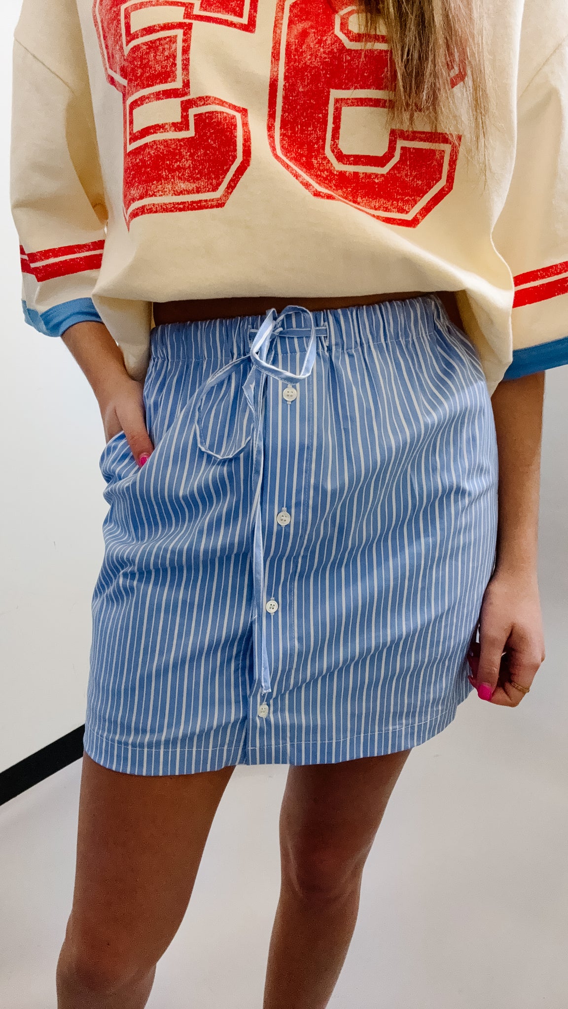 Pinstriped Poplin Drawstring Skort