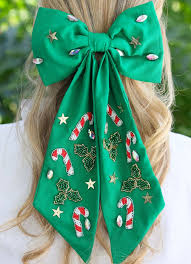 Caroline Hill - Candy Cane Hair Bow - GREEN