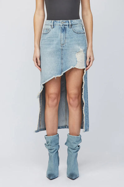 Hidden - Peyton Light Wash Heavy Distressed Midi Skirt