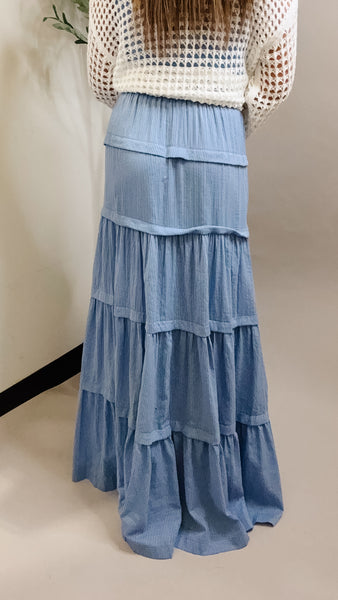 Front Tie Tiered Pinstripe Maxi Skirt - Blue