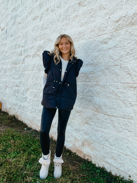 Ruffled Chic Puffer Vest  - BLACK