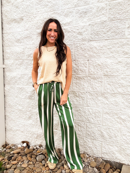 Carousel Chic Satin Striped Pants - GREEN