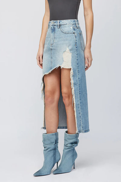 Hidden - Peyton Light Wash Heavy Distressed Midi Skirt