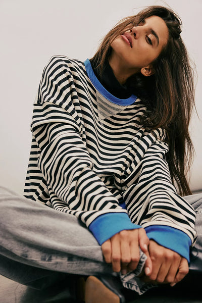 Free People -Classic Striped Oversized Crewneck -  BLACK COMBO