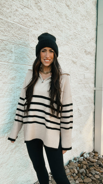 Coastal Cream and Black Stripe Quarter Zip Up Sweater