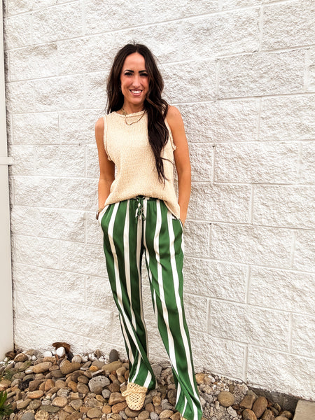 Carousel Chic Satin Striped Pants - GREEN