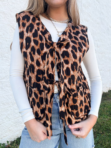 Leopard Quilted Vest with Bow Ties