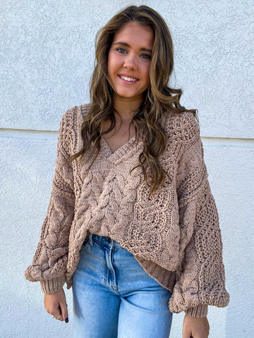 Cable Knit V Neck Sweater - TAN