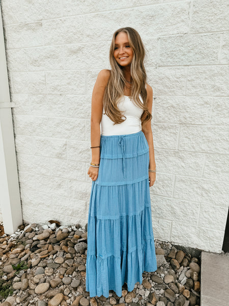 Front Tie Tiered Pinstripe Maxi Skirt - Blue