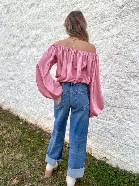 Lovers Lane Off The Shoulder Satin Blouse - Pink