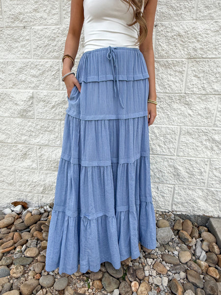 Front Tie Tiered Pinstripe Maxi Skirt - Blue