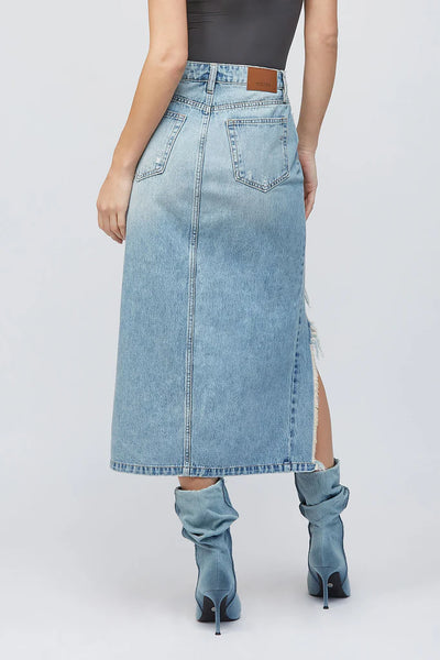 Hidden - Peyton Light Wash Heavy Distressed Midi Skirt