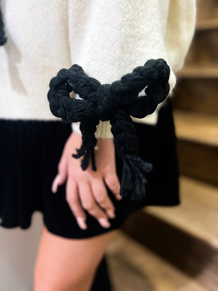 Black Knotted Elegance Ivory Bow Sweater