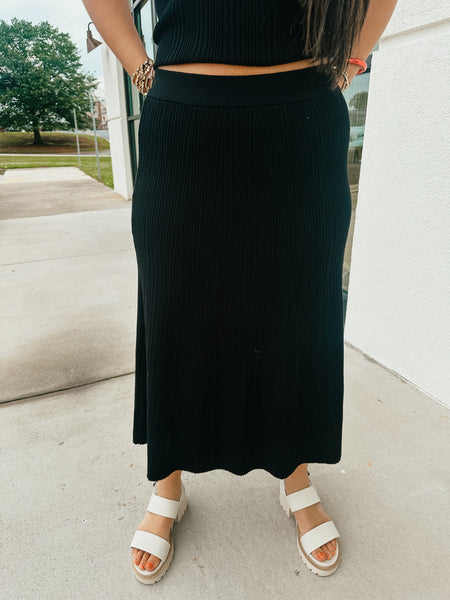 Seaside Textured Ribbed A-Line Midi Skirt - BLACK