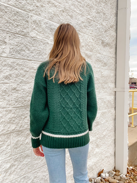 Varsity V Neck Cable Knit Sweater - Hunter Green