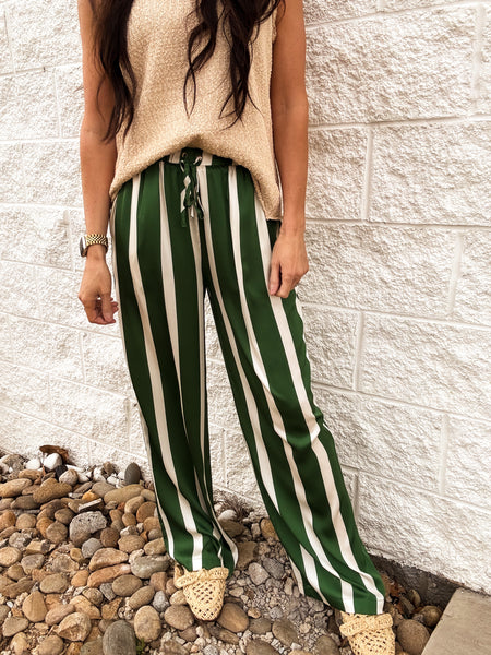 Carousel Chic Satin Striped Pants - GREEN