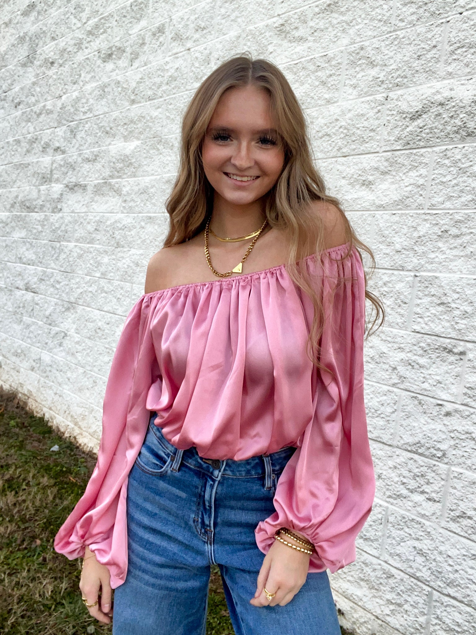 Lovers Lane Off The Shoulder Satin Blouse - Pink