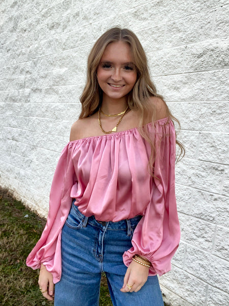 Lovers Lane Off The Shoulder Satin Blouse - Pink