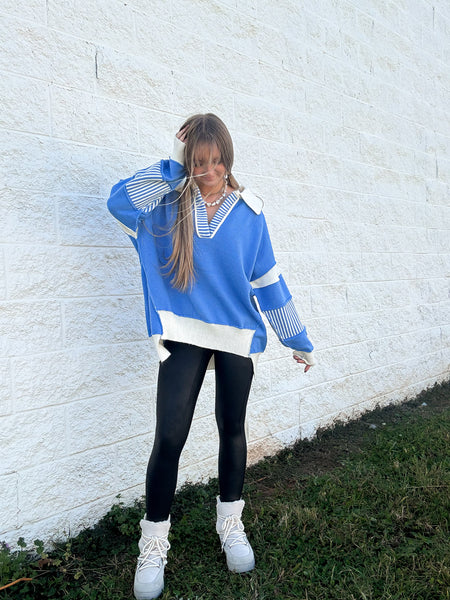 Posh Preppy Sweater - Blue/Ivory