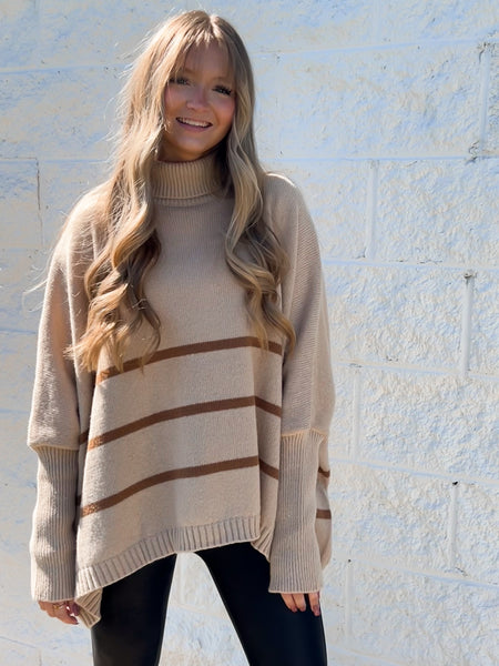 Stripe Delight Turtleneck Oversized Sweater - BROWN