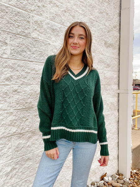 Varsity V Neck Cable Knit Sweater - Hunter Green