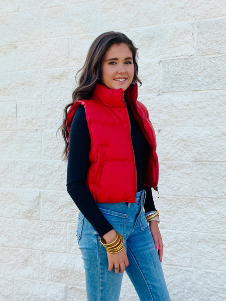 Cherry Bomb Faux Leather Puffer Vest - RED