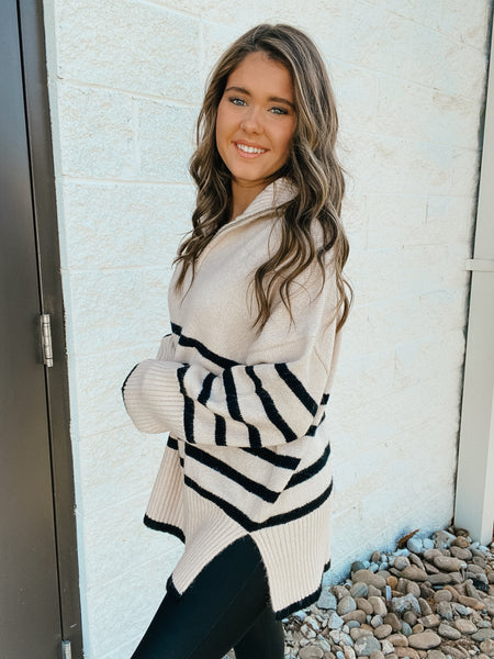 Coastal Cream and Black Stripe Quarter Zip Up Sweater