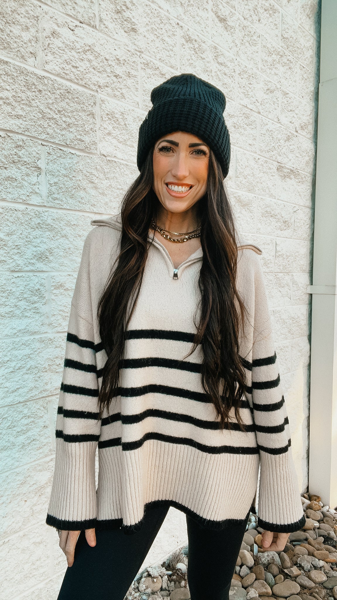 Coastal Cream and Black Stripe Quarter Zip Up Sweater