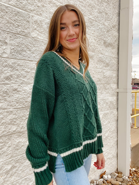 Varsity V Neck Cable Knit Sweater - Hunter Green