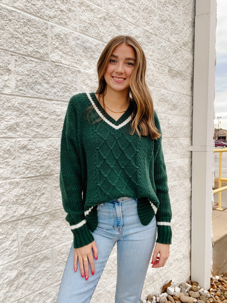 Varsity V Neck Cable Knit Sweater - Hunter Green