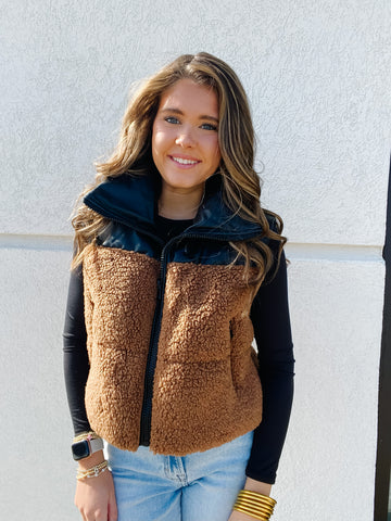 Faux Leather & Sherpa Puffer Vest - BROWN