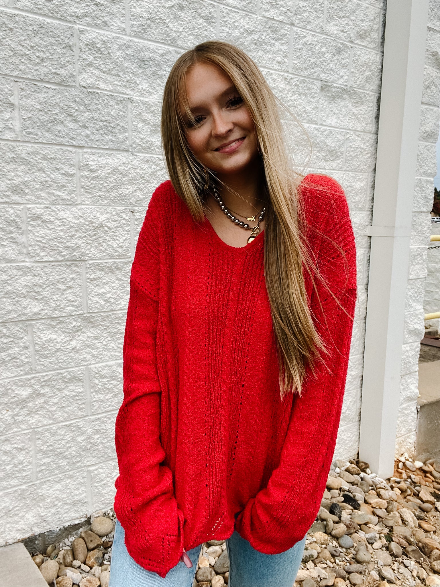 Peppermint Red V-Neck Knitted Sweater