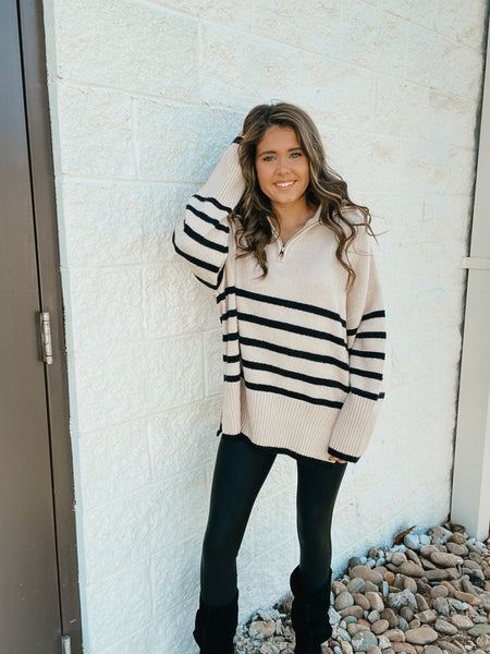 Coastal Cream and Black Stripe Quarter Zip Up Sweater