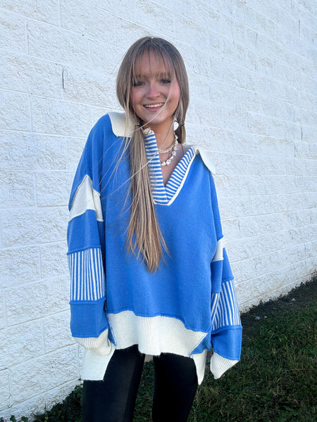 Posh Preppy Sweater - Blue/Ivory