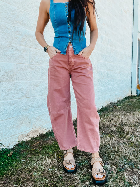 FP- Good Luck Mid Rise Barrel Jeans - SUNSETTER (Blush)