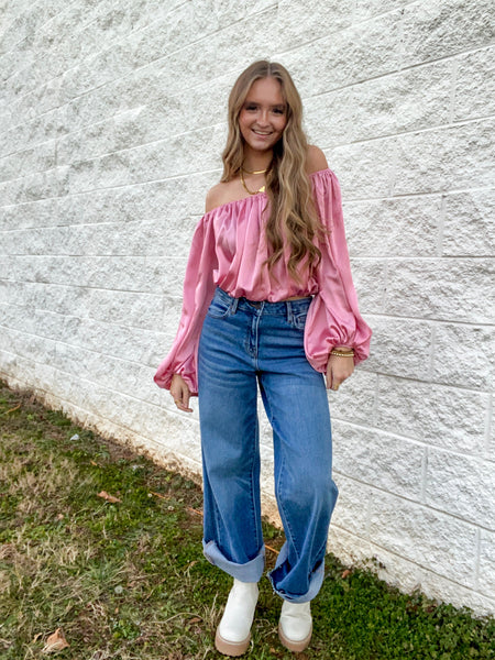 Lovers Lane Off The Shoulder Satin Blouse - Pink