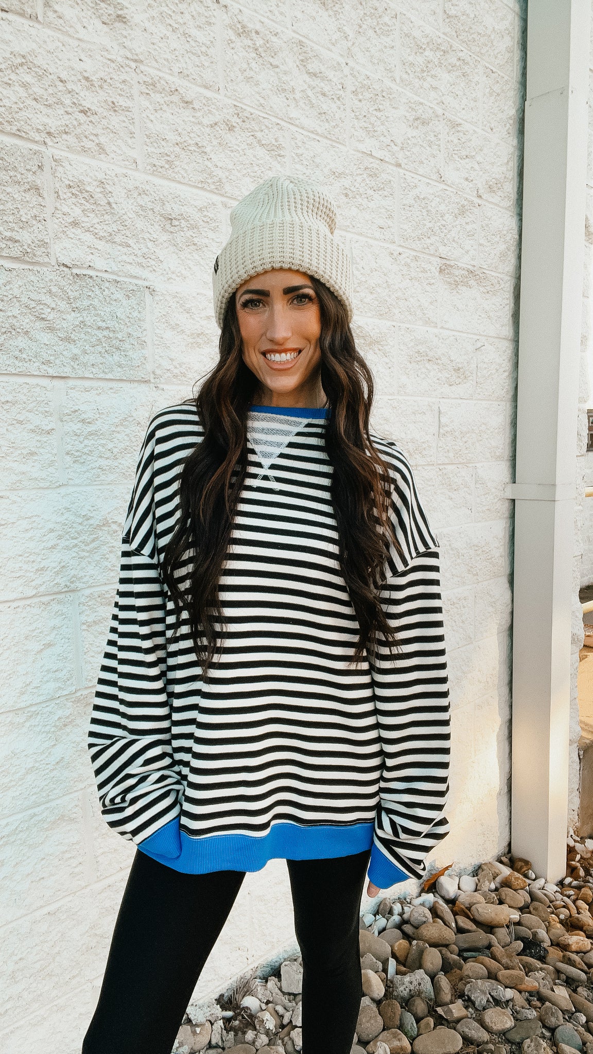 Free People -Classic Striped Oversized Crewneck -  BLACK COMBO