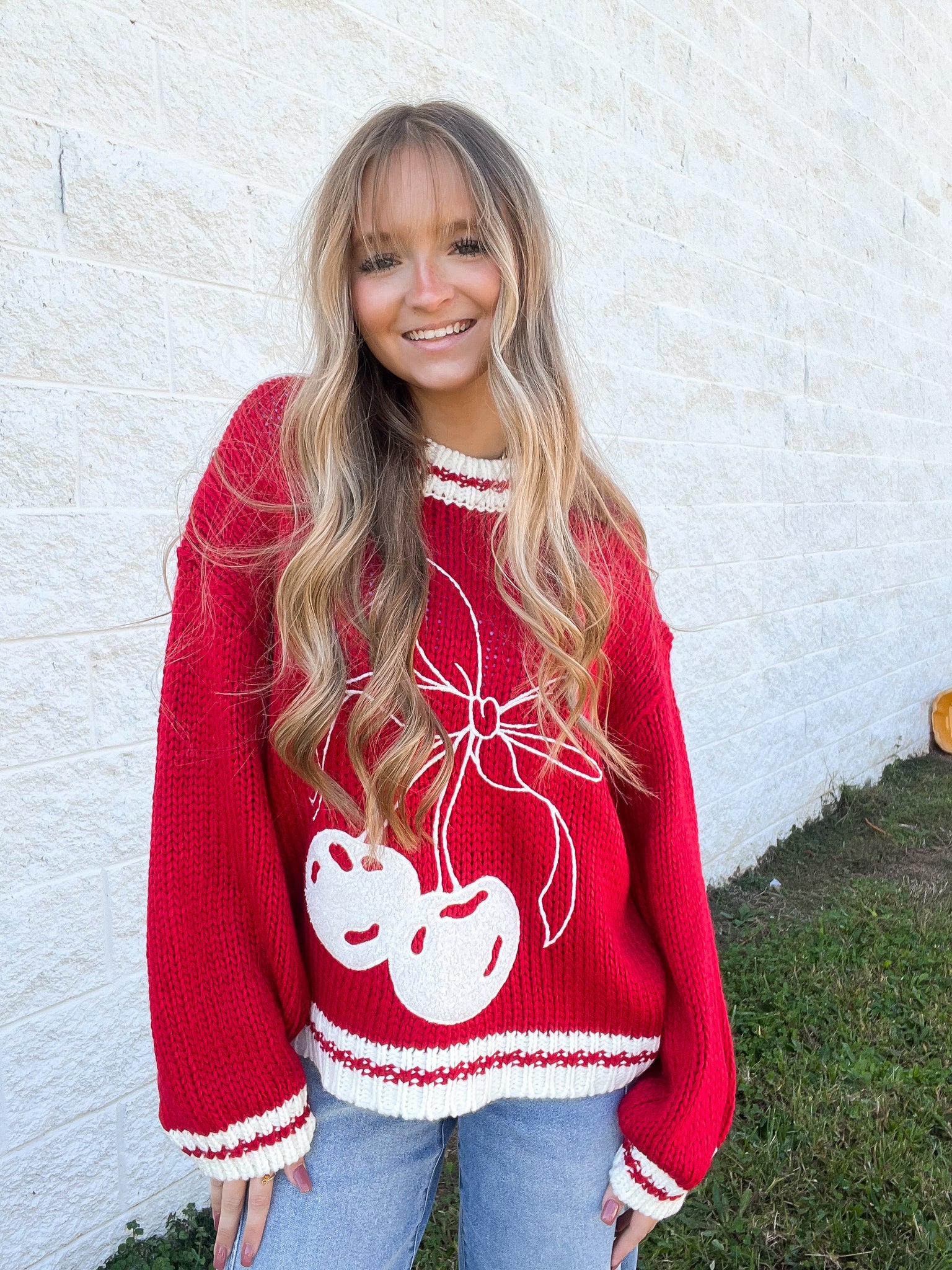 Cherry Bow Varsity Knit Sweater