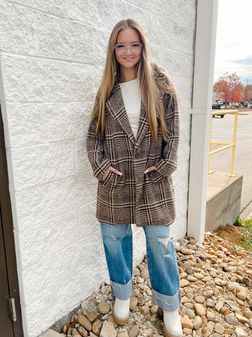 Cedar Ridge Houndstooth Plaid Coat - Brown/Cream